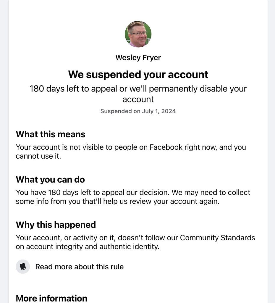 Facebook account suspension message