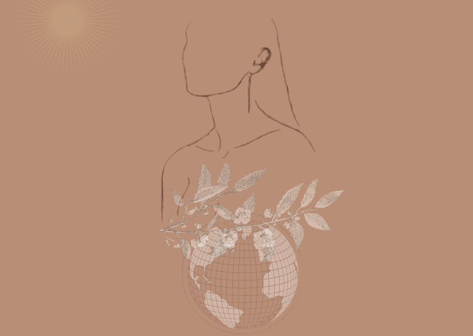 outline of a woman. globe with leaves sitting on it. a sun.