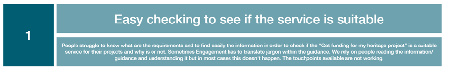 Problem statement: ‘easy checking to see if the service is suitable’. ‘People struggle to know what are the requirements and to find easily the information in order to check if the service is suitable for them.’