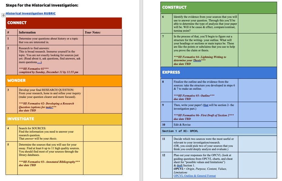 Screenshot of portion of a Word document that lists and explains Formative Tasks to complete while working toward completion of Historical Investigation Summative Task.
