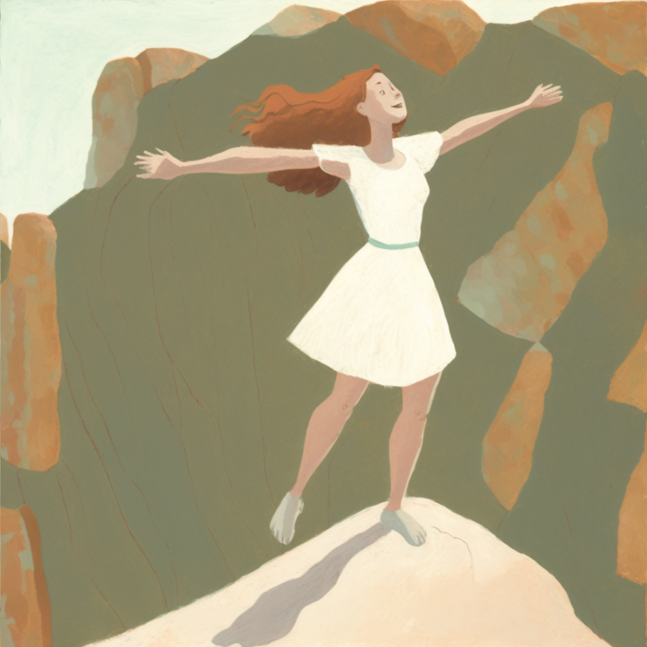 A girl standing on a cliff with arms outstretched. The style is a mix of early renaissance Sandro Botticelli and Raphael.