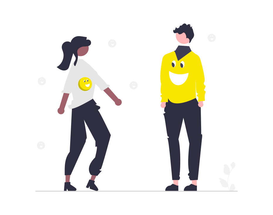 Two people happily meet each other. They are both wearing shirts imprinted with big smiley faces, and surrounded by happiness. (Thanks, undraw.co!)