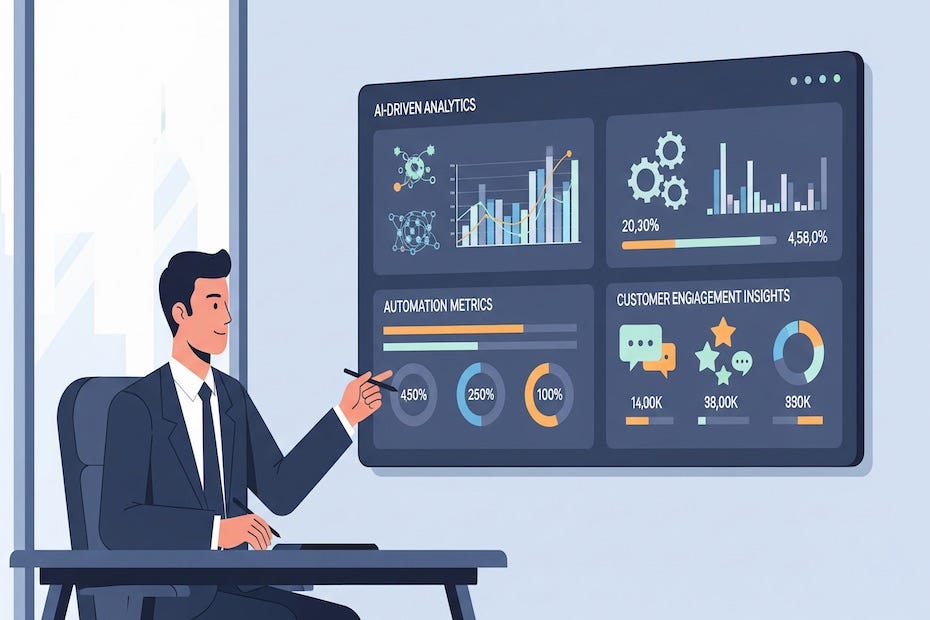 A CEO analyzing AI-driven dashboards showing automation, analytics, and customer engagement metrics in a modern office setting.