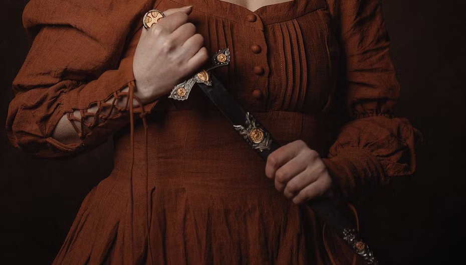 A person in a brown dress holding an ornate, sheathed dagger with both hands.