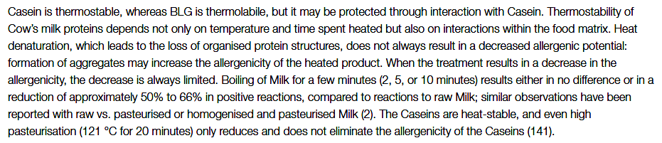 Screen shot of a technical paragraph about milk allergens and how interaction with other molecules affects heat stability.