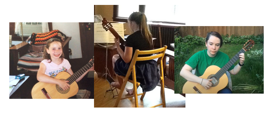 Three images in a collage of the author at different ages playing classical guitar