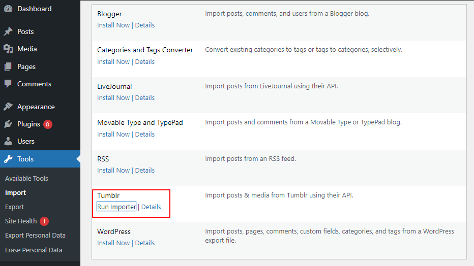 Run Importer In WordPress