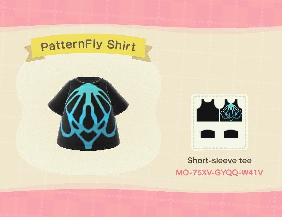 The PatternFly shirt design with its in-game code: MO-75XV-GYQQ-W41V