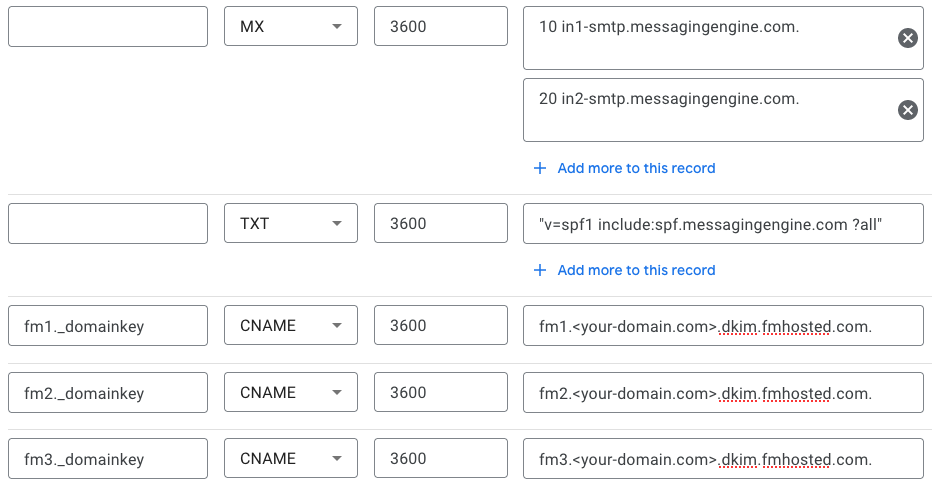 A screenshot of Google Domains’ DNS settings for Fastmail email