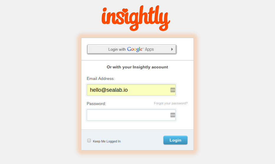 Log-in screen for the SeaLab account on Insightly CRM. The orange Insightly logo is at the top.