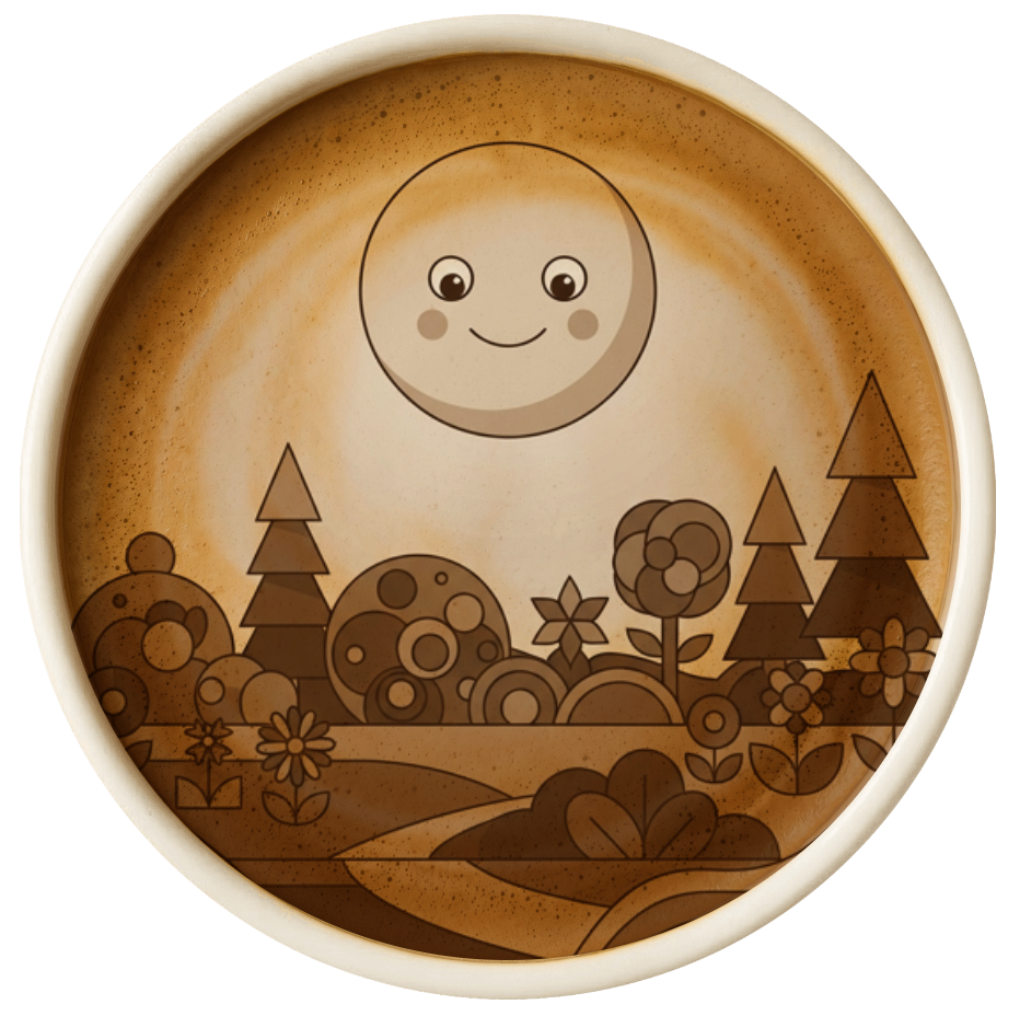 A smiling moon looks down on a landscape of trees and rolling hills. The image is sepia-toned and dark, blurry rings along the outside are suggestive of espresso and milk foam.
