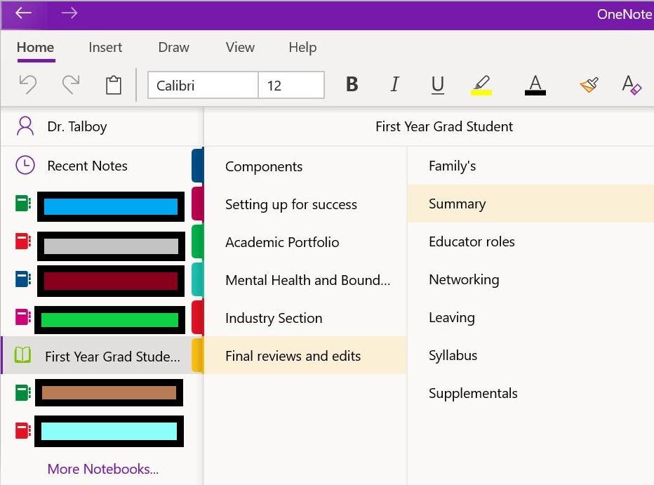 Screen shot of Dr. Talboy’s OneNote organization for writing projects.