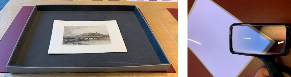 A rectangular foam lined tray with a flat print inside (left) and magnifying glass and a glowing light sheet (right)