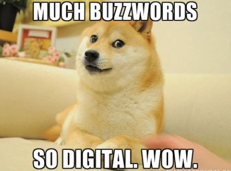 Dog looking confused with words ‘much buzzwords, so digital wow’