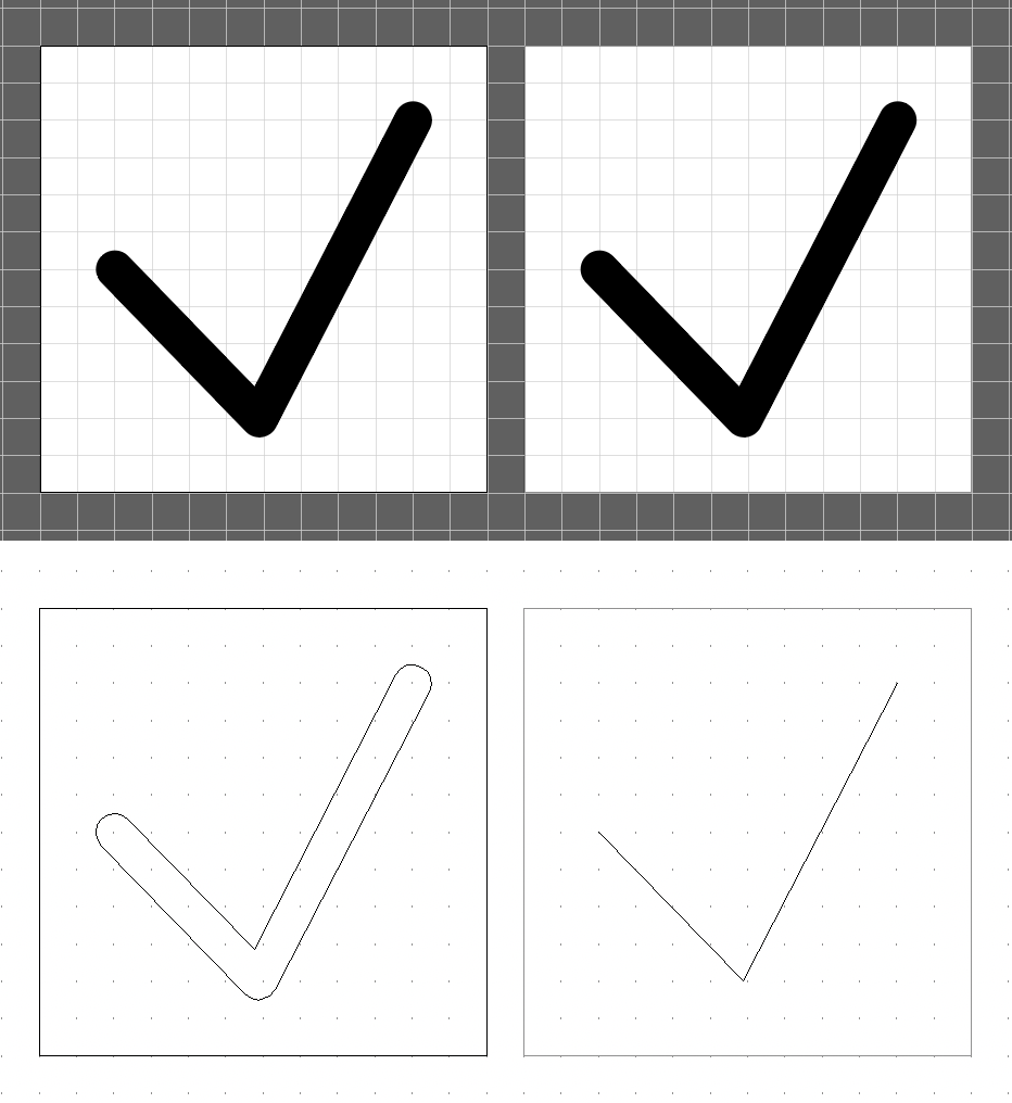 Two icons of the same glyph in Illustrator, in preview and outline view. The left one uses fill, and the other uses strokes