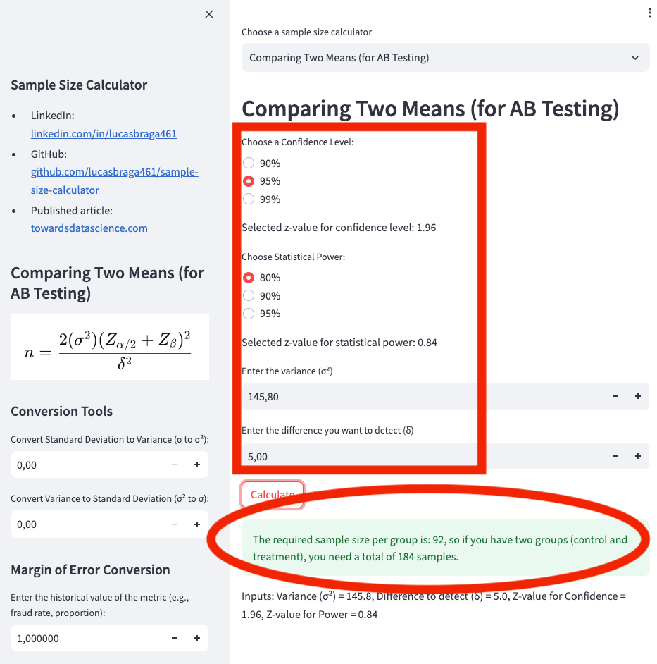 App screenshot 1: Calculating the sample for comparing two means.