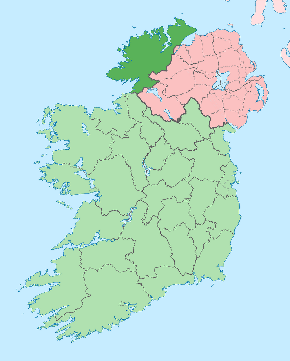 A map of Ireland, showing the boundaries of County Donegal, the Republic of Ireland, and Northern Ireland