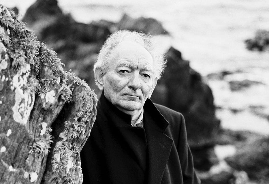 A black and white photo of a man with white hair in a black coat standing on a rocky beach