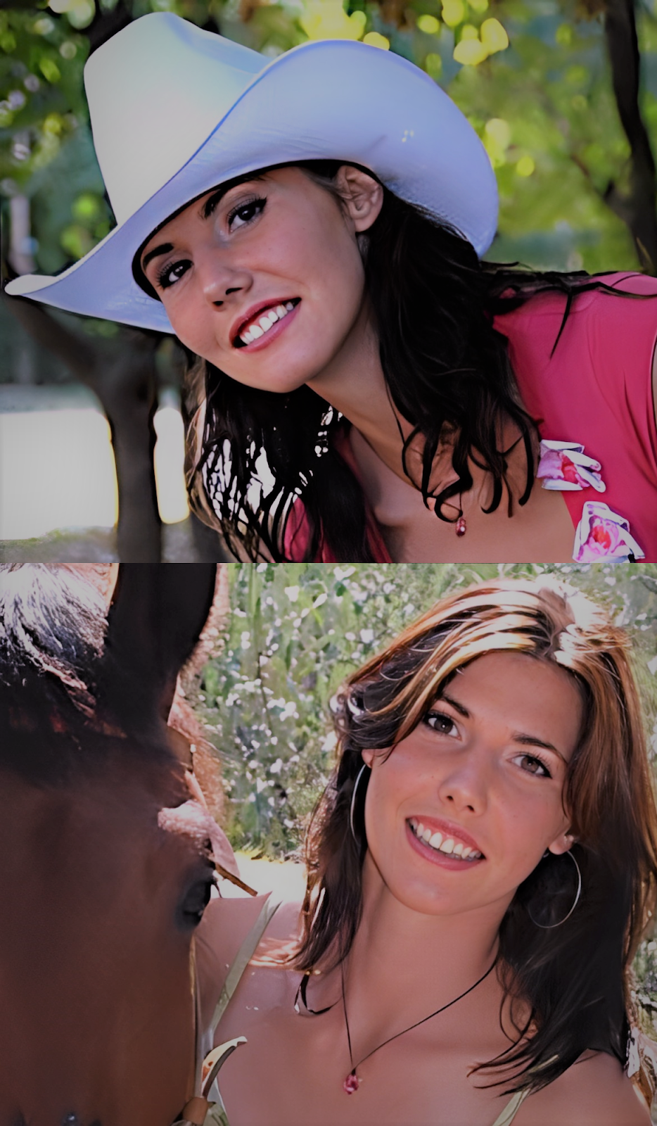 A collage from two photos of a woman — in one she’s wearing a white cowboy hat and the other posing next to a horse