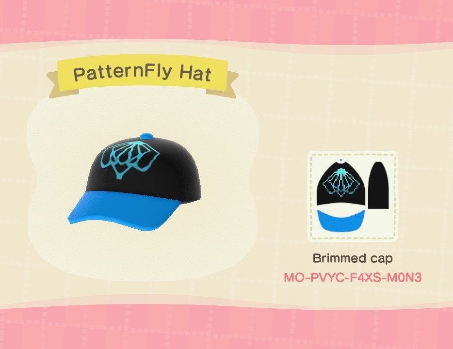 The PatternFly hat design with its in-game code: MO-PVYC-F4XS-M0N3