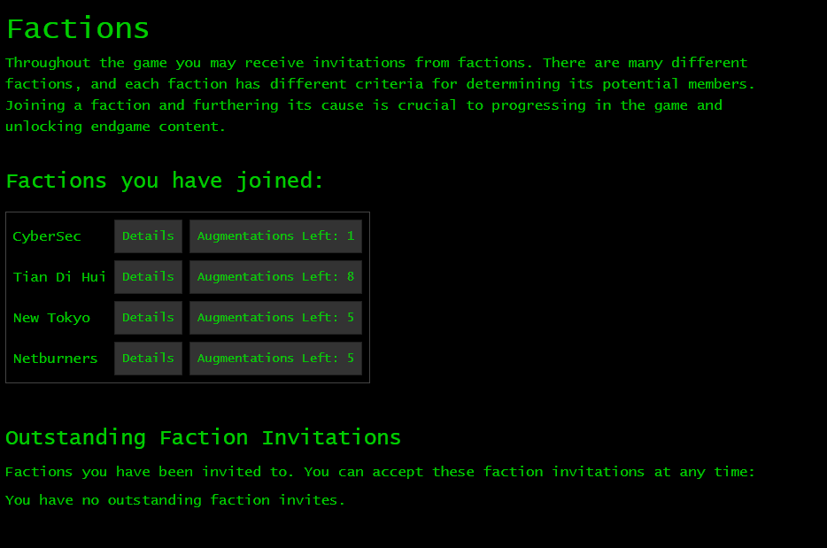 Bitburner screenshot. Factions