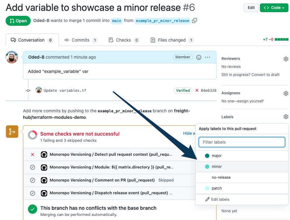 Picture of the PR label selector drop down, showing “”major,”minor”,”patch” and “no-release”