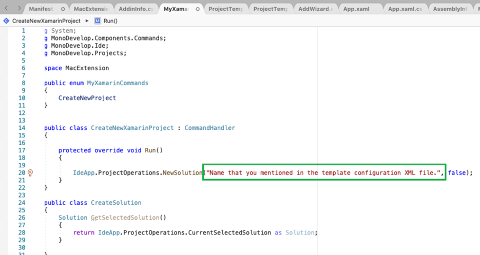 In the Run method, provide the Name that you mentioned in the template configuration XML file