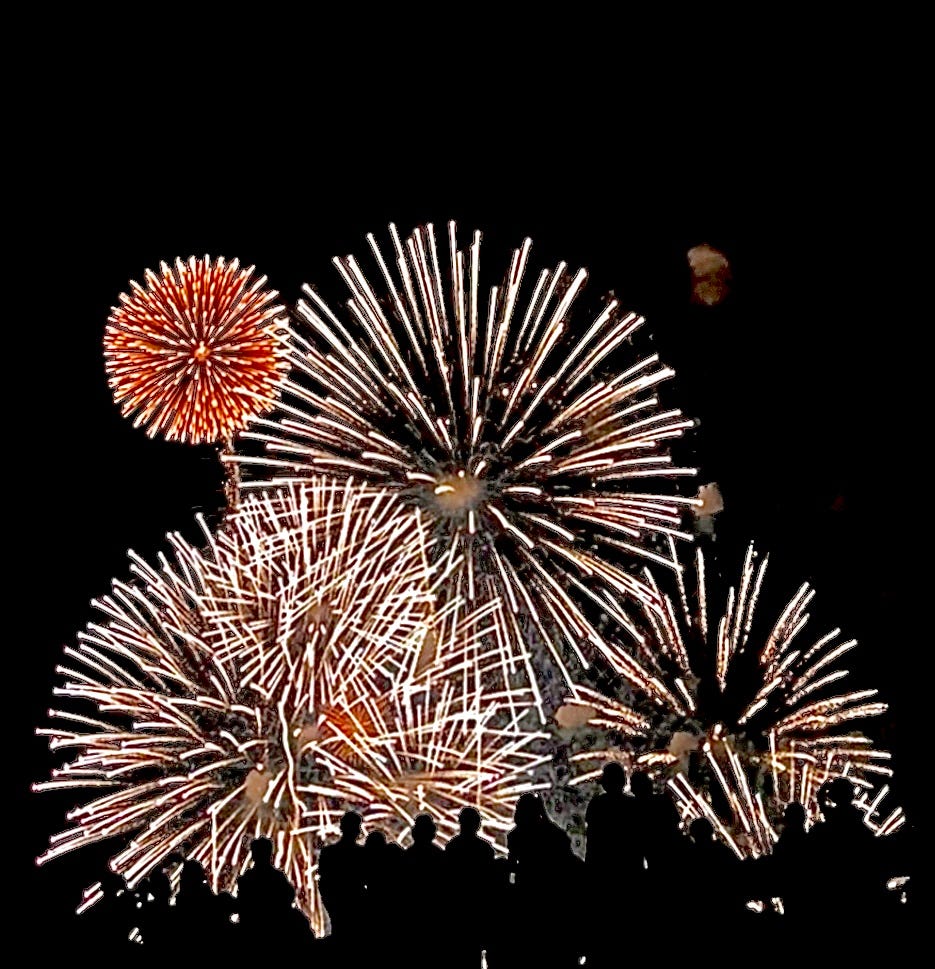 Fireworks display over silhouettes of spectators