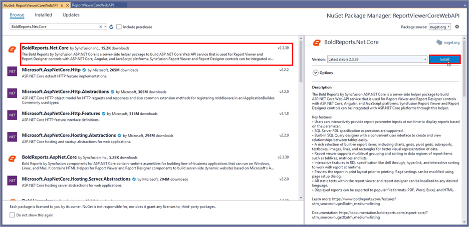 Install BoldReports.Net.Core NuGet package