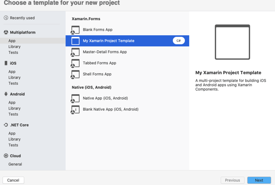 n the project template wizard, you can find the template My Xamarin Project Template under Multiplatform > App