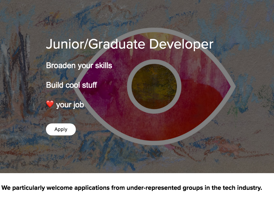 Large graphic of a pink eye with text written over it advertising a Junior/Graduate Developer role.