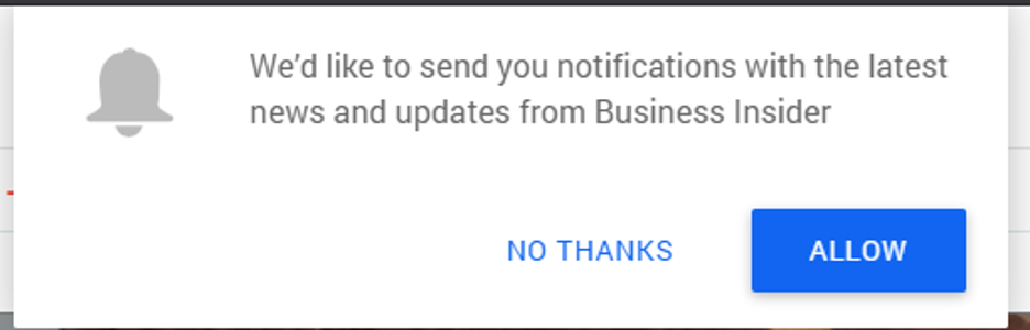 A screenshot of Business Insider using an fake notification permission prompt with some context text.