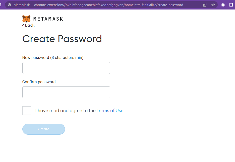 Create password for a MetaMask installation