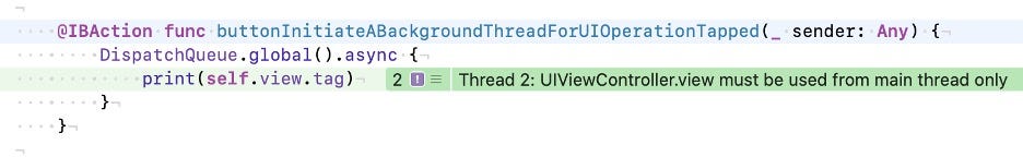 code block that show an example of Main Thread Violation being caught by the Main Thread Checker tool