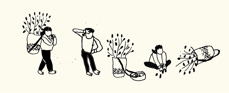 Three figures in various states of harvesting a plant, carrying a basket on the back and sitting downpulling fruits/seeds