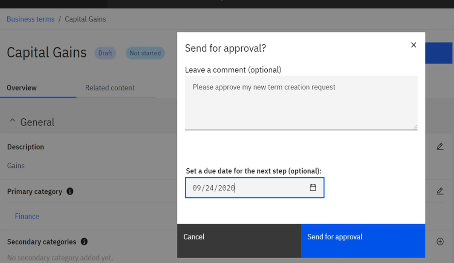 screenshot of confirming a task is to be sent for approval