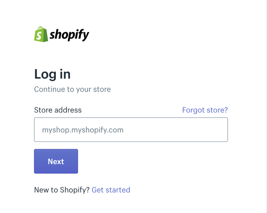 The log in screen for Shopify.