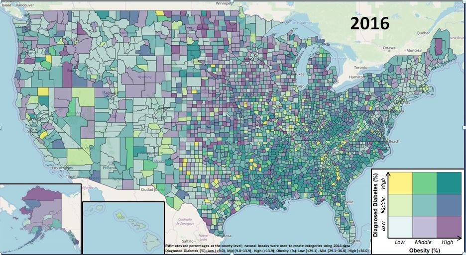 2016 Obesity and Diagnosed Diabetes Map — US County breakdown — Midwest and South are heaviest