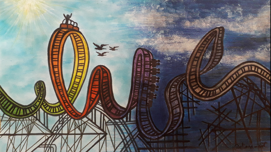 Piece of art representing a roller coaster. The roller coaster starts as colorful under a sunny sky and with happy people on it on the left, but in the right side of the drawing the sky is more somber and the roller coaster is empty, suggesting the duality of day and night.