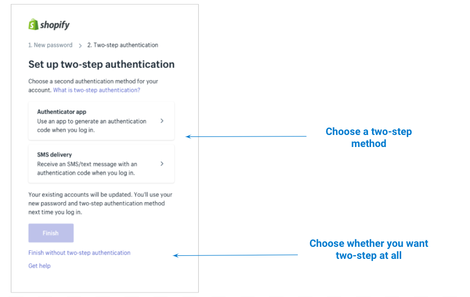 The same screenshot of the two-step authentication flow, noting the decisions to be made.