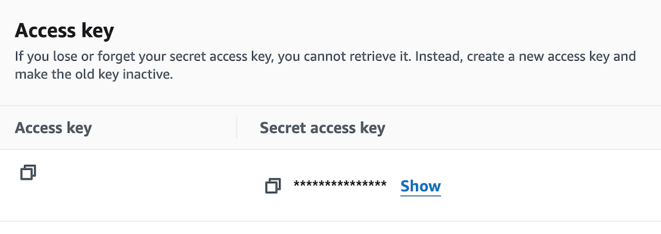 Dashboard da AWS exibindo dois campos "Access key" e "Secret Access Key".