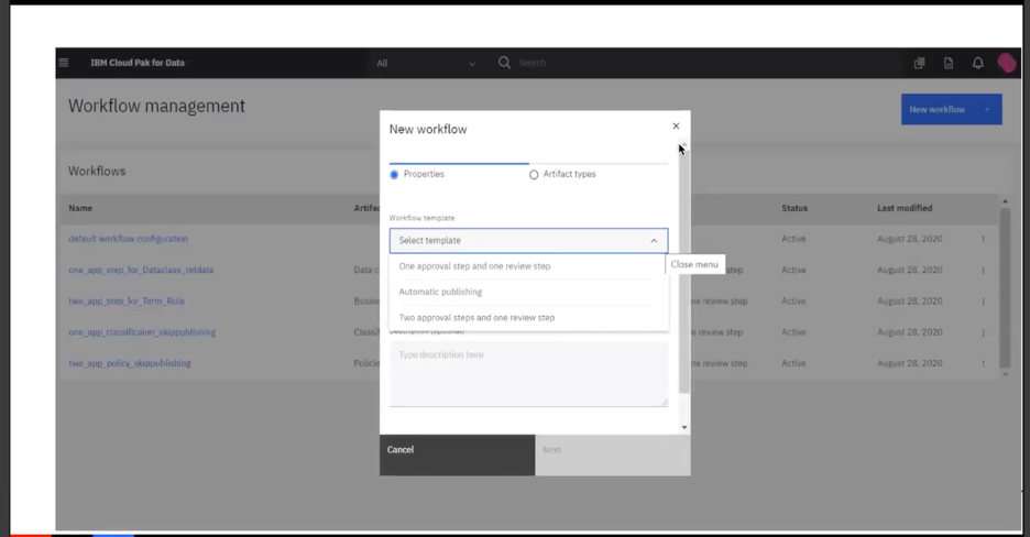 screenshot of creating a workflow using a template