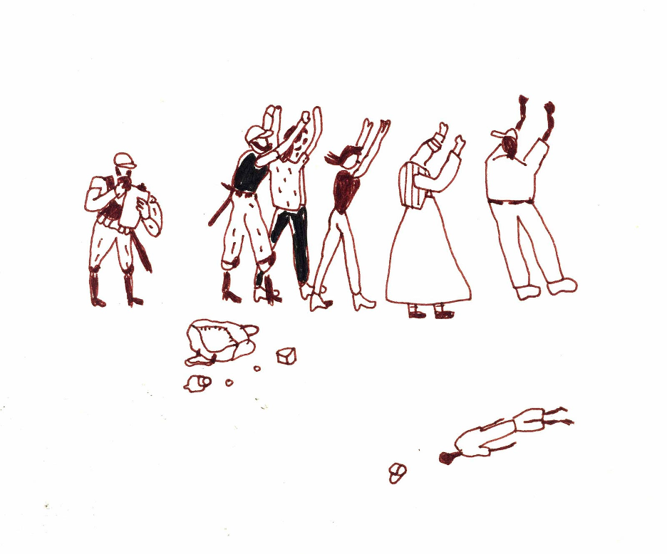 A drawing of two guards stand questioning and aggressing four different figures, in various states of attire. Their hands are up. On the bottom right, a figure lays dead on the floor