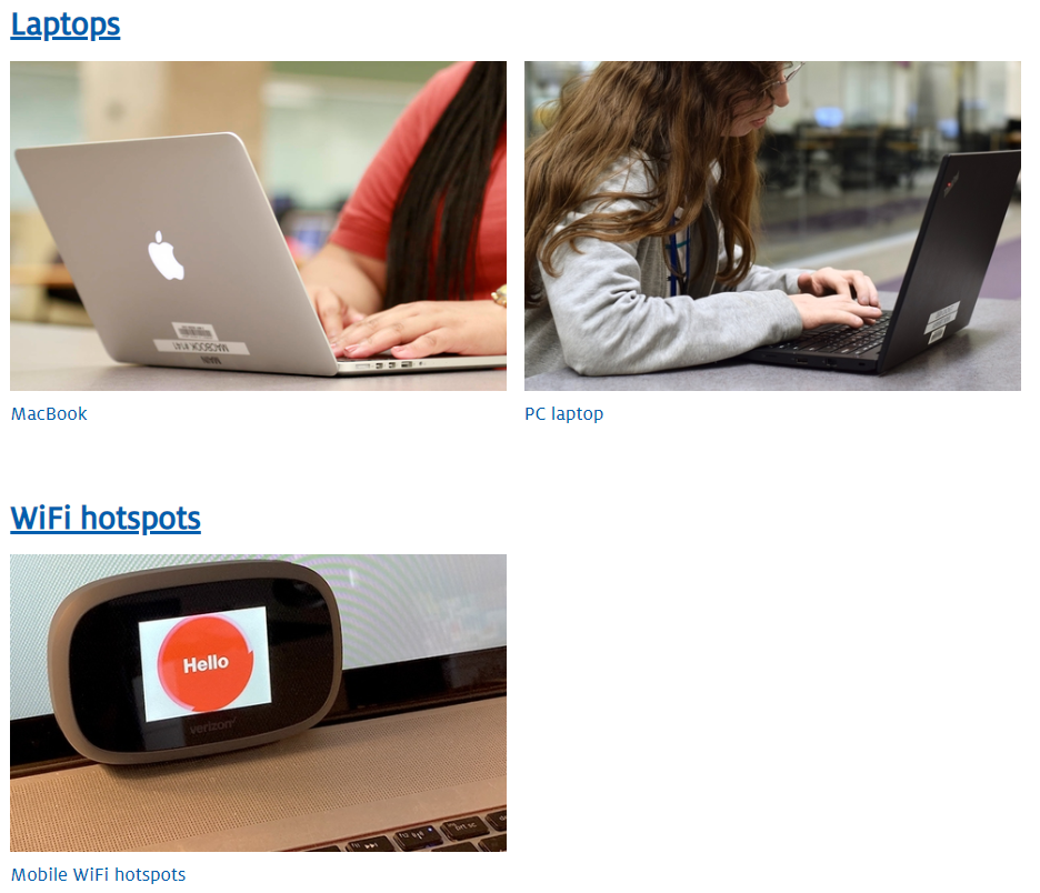 A screenshot of two categories on the library’s Borrow Technology page, laptops and WiFi hotspots, with images of devices in each category.
