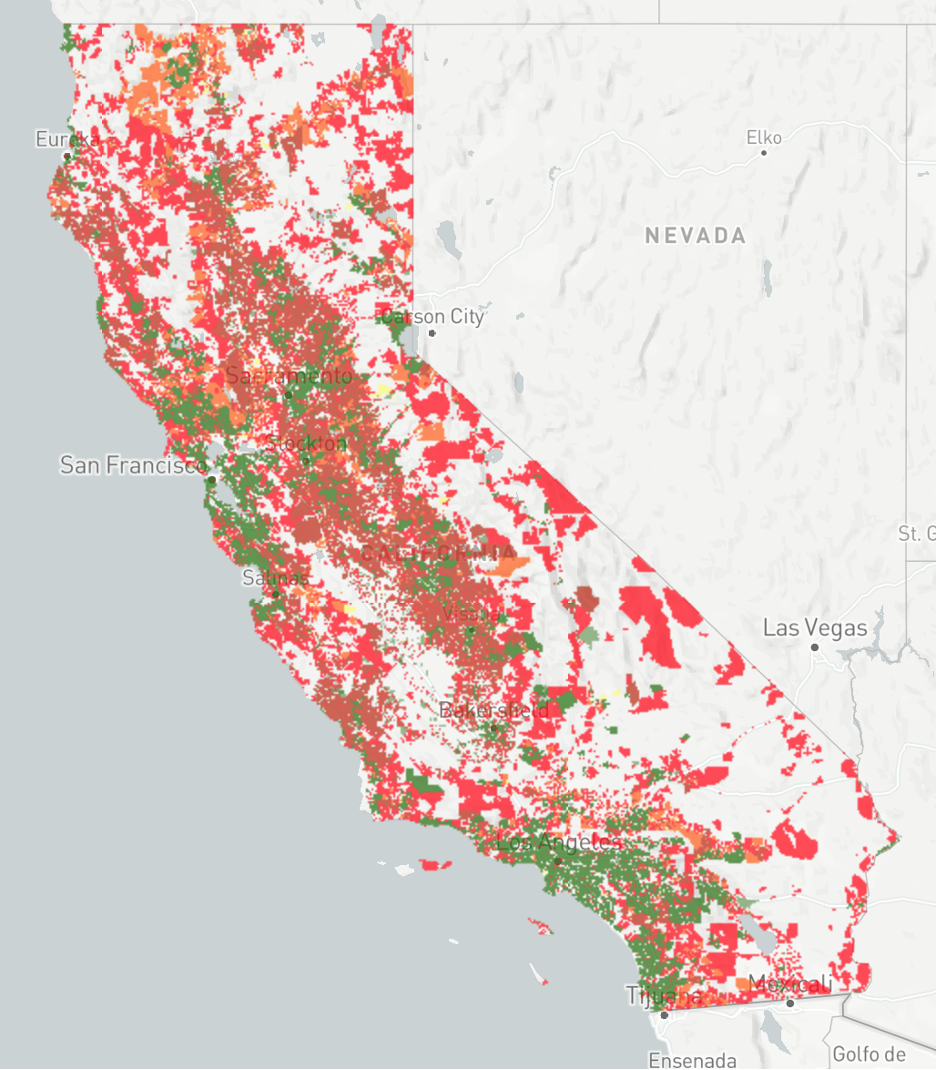 Map from CA Public Utilities Commission site showing areas where broadband is available