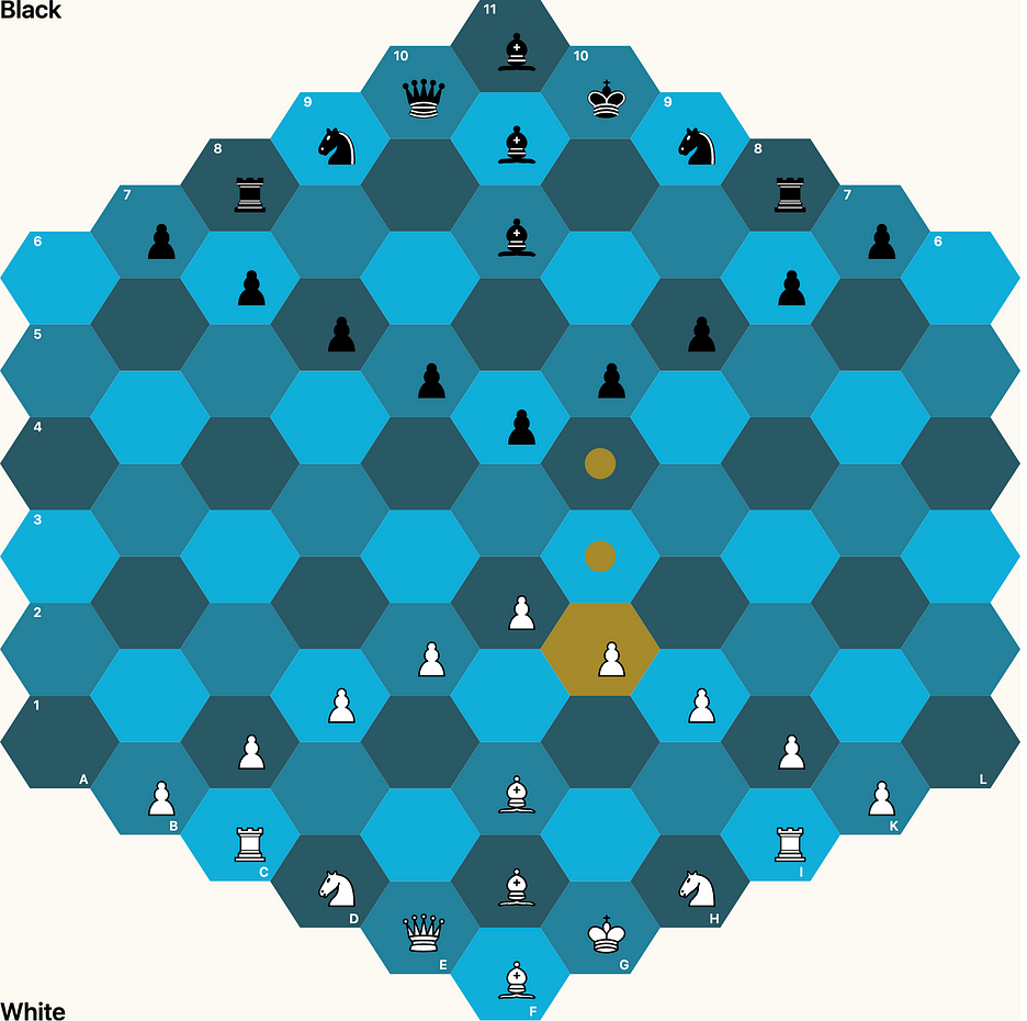 A hexagonal chess board with the selected piece shown in yellow.