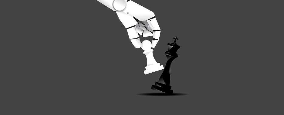 white robot hand holding white pawn chess piece, knocking over black king chess piece. dark grey background
