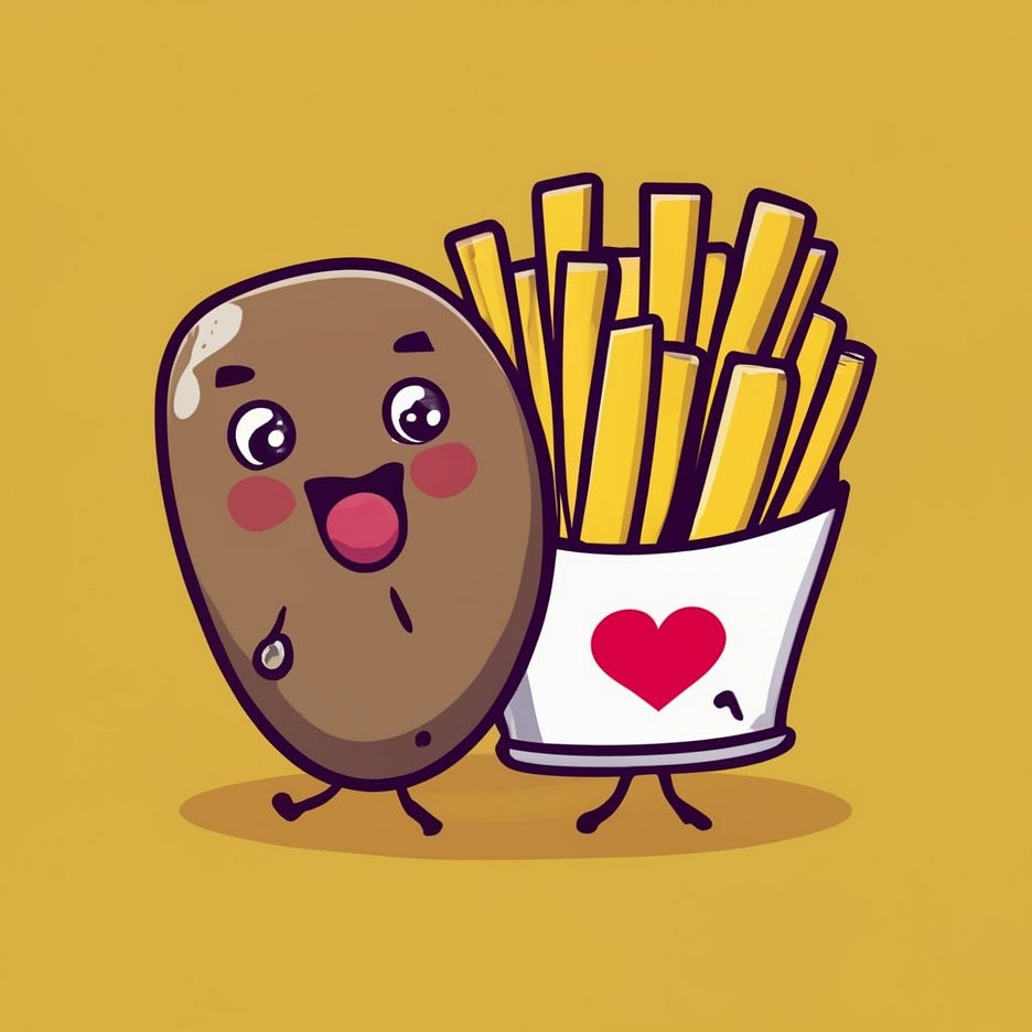 A cartoon potato hugging french fries