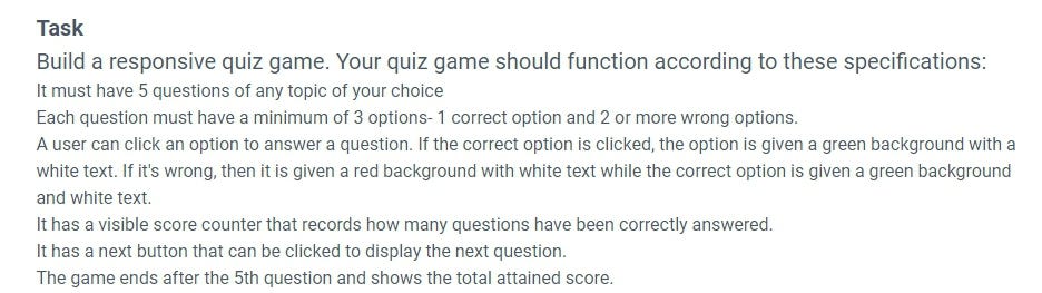 Quiz game specification
