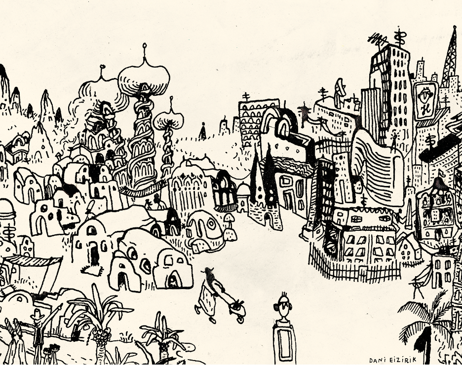 A black and white cityscape drawing with signature Dani Eizirik: featuring skyscrapers, flat homes, billboards, kremlin-like pillars, and a person pushing a wheelbarrow